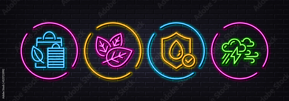 Bio shopping, Organic tested and Waterproof minimal line icons. Neon laser 3d lights. Bad weather icons. For web, application, printing. Leaf, Bio ingredients, Water resistant. Clouds. Vector