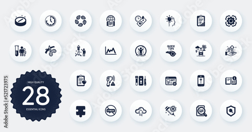 Set of Science icons, such as Idea, Organic tested and Stop stress flat icons. Recovered person, Instruction info, Swipe up web elements. Puzzle, Fireworks, Blood and saliva test signs. Vector