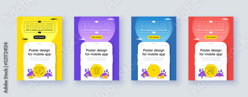 Simple set of Time, Medical chat and Trash bin line icons. Poster offer design with phone interface mockup. Include Full rotation icons. For web, application. Clock, Medicine help, Garbage. Vector