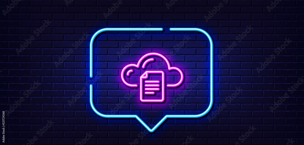 Neon light speech bubble. File data storage line icon. Cloud computing sign. Document hosting technology symbol. Neon light background. File storage glow line. Brick wall banner. Vector Neon light speech bubble. File data storage line icon. Cloud computing sign. Document hosting technology symbol. Neon light background. File storage glow line. Brick wall banner. Vector