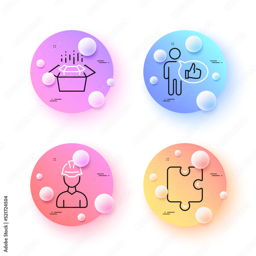 Like, Puzzle and Foreman minimal line icons. 3d spheres or balls buttons. Packing boxes icons. For web, application, printing. Thumbs up, Puzzle piece, Architect person. Delivery box. Vector Like, Puzzle and Foreman minimal line icons. 3d spheres or balls buttons. Packing boxes icons. For web, application, printing. Thumbs up, Puzzle piece, Architect person. Delivery box. Vector