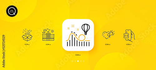 Hotel, Gift and Puzzle game minimal line icons. Yellow abstract background. Love message, Roller coaster icons. For web, application, printing. Travel, New year, Phone jigsaw. Heart. Vector