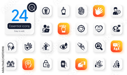 Set of People flat icons. Eye drops, Remove account and Fingerprint lock elements for web application. Helping hand, Security app, Donate icons. People chatting, Medical mask. Vector