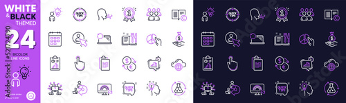 Recovery laptop, Reward and Cloud computing line icons for website, printing. Collection of Pie chart, Statistics timer, Copyright icons. Group people, Calendar, Recipe book web elements. Vector