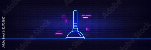 Neon light glow effect. Cleaning plunger line icon. Cleaning of pipe clogs symbol. Housekeeping equipment sign. 3d line neon glow icon. Brick wall banner. Plunger outline. Vector