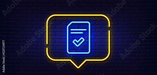 Neon light speech bubble. Checked Document line icon. Information File with Check sign. Correct Paper page concept symbol. Neon light background. Checked file glow line. Brick wall banner. Vector