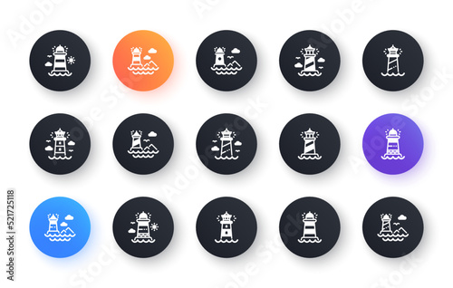 Lighthouse icons. Searchlight tower with seagull for marine navigation of ships. Sea pharos, lighthouse or beacon icons. Classic set. Circle web buttons. Vector