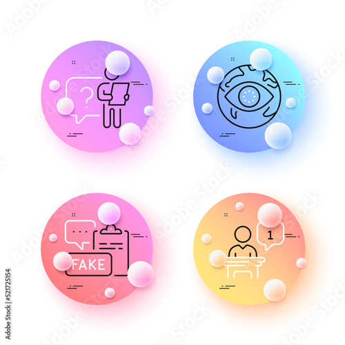 Cyber attack, Podium and Fake document minimal line icons. 3d spheres or balls buttons. Search employee icons. For web, application, printing. Web phishing, Conference stage, Wrong truth. Vector