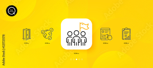 Open door, Online voting and Checklist minimal line icons. Yellow abstract background. Leadership, Internet report icons. For web, application, printing. Entrance, Internet poll, Graph report. Vector