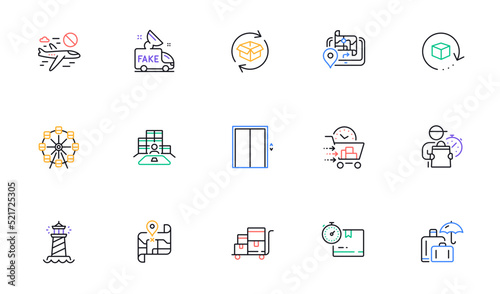 Lift, Ferris wheel and Return parcel line icons for website, printing. Collection of Inventory, Cardboard box, Gps icons. Map, Delivery man, Cancel flight web elements. Inventory cart. Vector