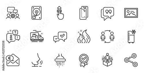 Outline set of Fire energy, Quote bubble and Engineering team line icons for web application. Talk, information, delivery truck outline icon. Vector