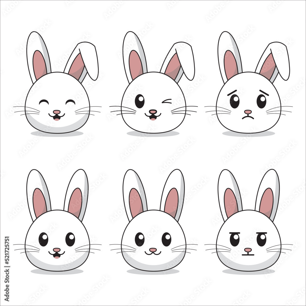 Set of rabbit faces with different expressions