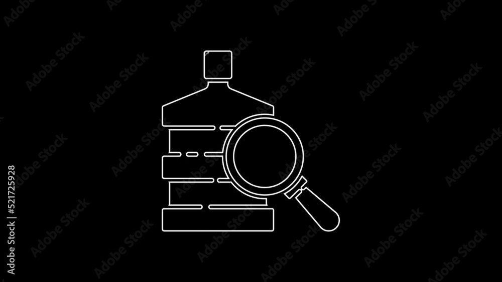 White line Big bottle with clean water and magnifying glass icon isolated on black background. Plastic container for the cooler. 4K Video motion graphic animation White line Big bottle with clean water and magnifying glass icon isolated on black background. Plastic container for the cooler. 4K Video motion graphic animation