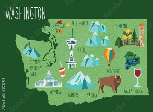 Hand drawn illustrated map of Washington State, USA. Concept of travel to the United States. Colorfed vector illustartion. State symbols on the map. photo