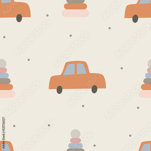 Seamless pattern with toy car and pyramid in boho style. Vector illustration