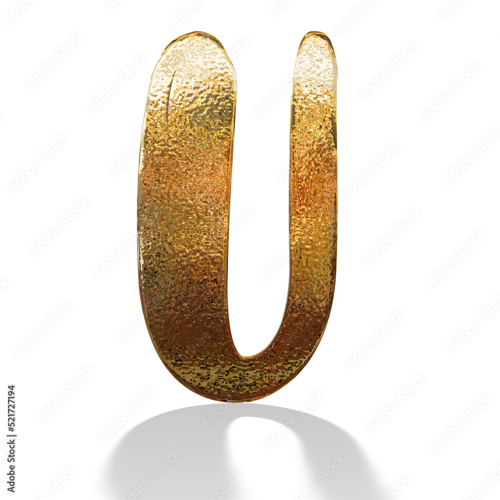 3d gold metal letter U with shadow isolated white background 3d gold metal letter U with shadow isolated white background