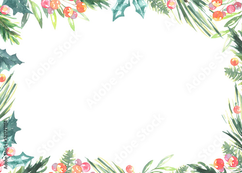 Wallpaper Mural Watercolor Christmas frame with fir branches,holly berry and place for text.New year background, border,greenery, presents,jingle bells, nursery holiday decoration,greeting card, invite,print,poster Torontodigital.ca