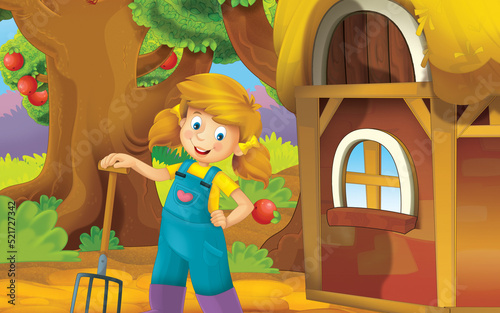 cartoon scene with farm house in garden farmer girl illustration