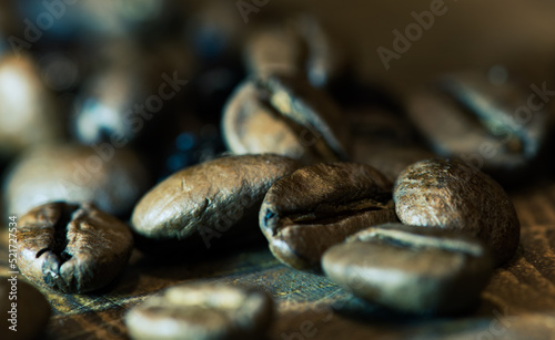 Closeup of burned coffee beans ready to be grinded