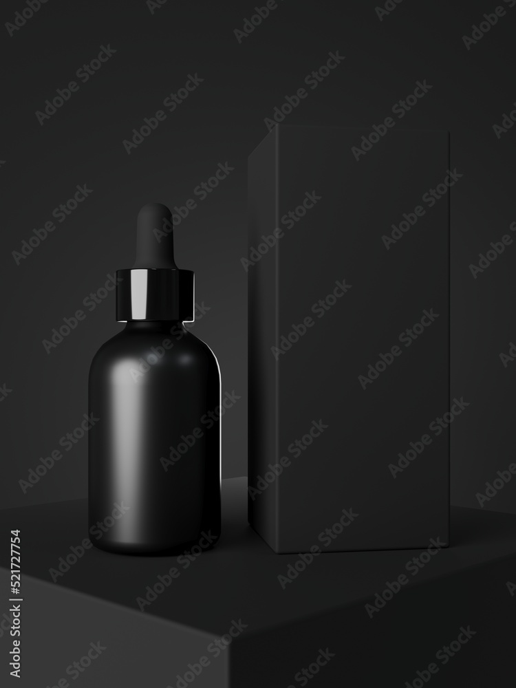 Black cosmetic dropper bottle and box mockup, facial serum packaging and branding visualization, care product template Black cosmetic dropper bottle and box mockup, facial serum packaging and branding visualization, care product template