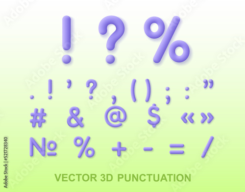 3d punctuation mark set. Render isolated punctuation sign with shadow. 3d font vector cartoon minimal illustration