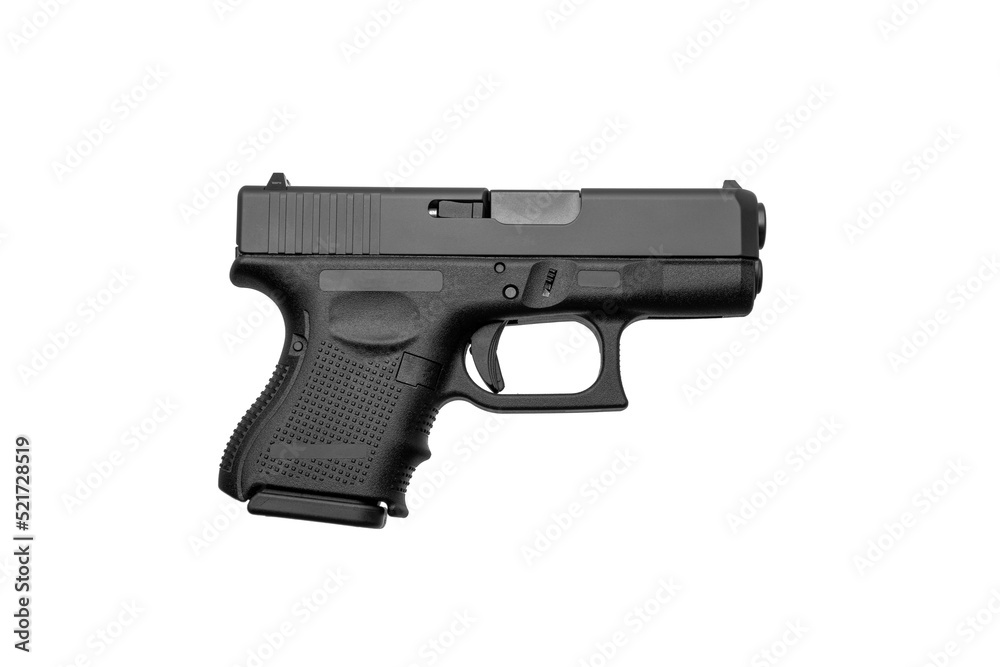 Modern semi-automatic pistol. A short-barreled weapon for self-defense. Arming the police, special units and the army. Isolate on a white back