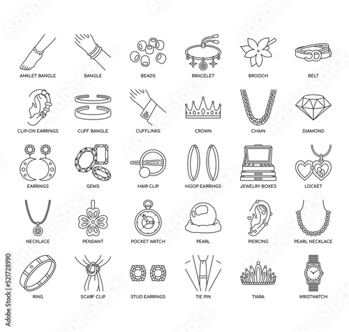 Set of jewellery thin line icons for any web and app project.