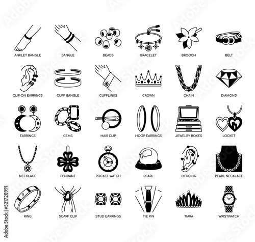 Set of jewellery thin line icons for any web and app project.
