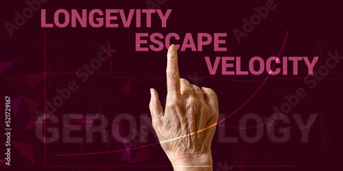 Hand of elderly woman points to inscription Longevity escape velocity. Concept of life extension movement, reversing aging, or reducing effects of it