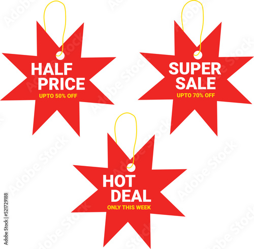 Digital illustration of online shopping red hot deal, half price, and super sale signs