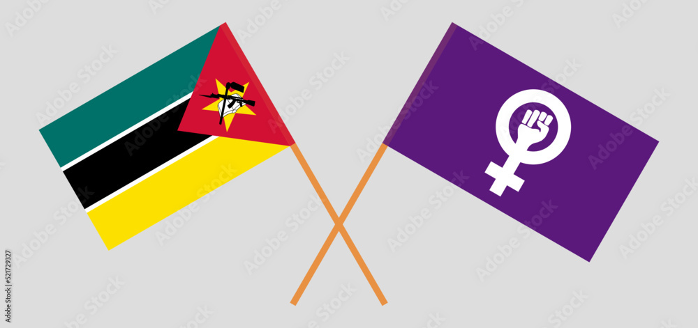 Crossed flags of Mozambique and Feminism. Official colors. Correct proportion Crossed flags of Mozambique and Feminism. Official colors. Correct proportion