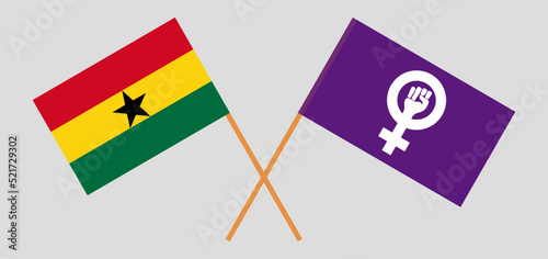 Crossed flags of Ghana and Feminism. Official colors. Correct proportion