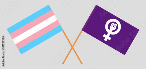 Crossed flags of Transgender Pride and Feminism. Official colors. Correct proportion