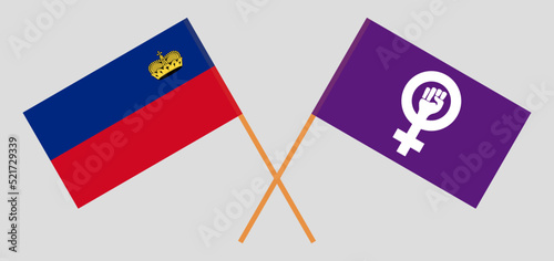 Crossed flags of Liechtenstein and Feminism. Official colors. Correct proportion