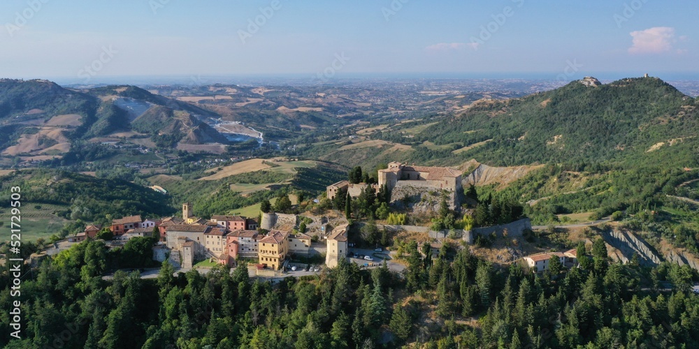 aerial view of Montebello village and his castle also named Azzurrina castle. Poggio Torriana, Emilia Romagna, Italy