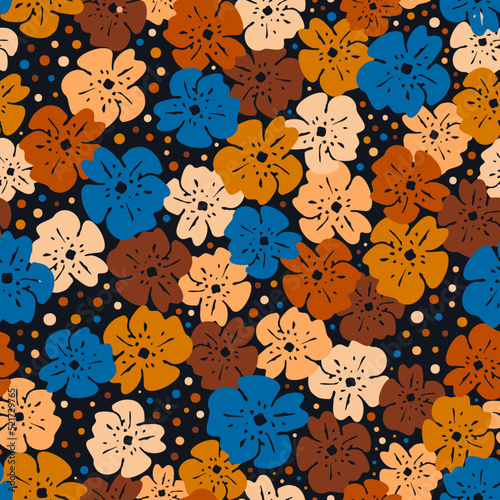 A rich burnt orange, ochre and warm brownish-orange flowers evoke feelings of crisp October morning. Paired with a deep blue hue to make colors pop. Floral mix with polka dots on black for any project