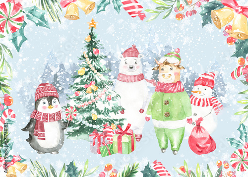 Watercolor winter forest,Christmas card illustration. Happy New Year characters, Pinguin,Christmas tree, bear in warm clothes, bull, floral frame,greenery, snowfall, Christmas Eve,greeting card, print