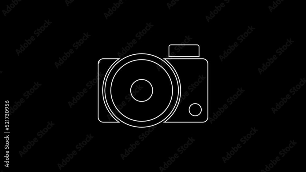 White line Photo camera icon isolated on black background. Foto camera icon. 4K Video motion graphic animation