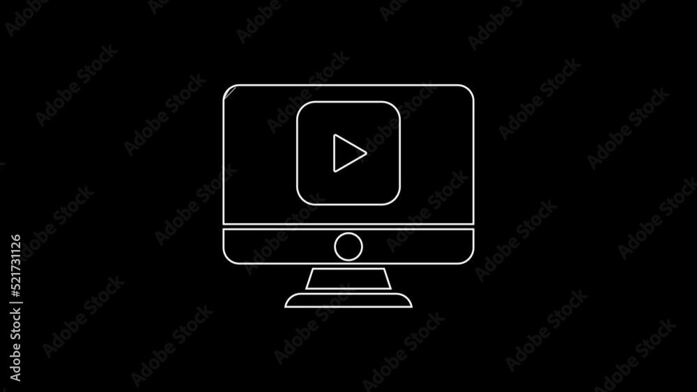 White line Online play video icon isolated on black background. Computer monitor and film strip with play sign. 4K Video motion graphic animation White line Online play video icon isolated on black background. Computer monitor and film strip with play sign. 4K Video motion graphic animation