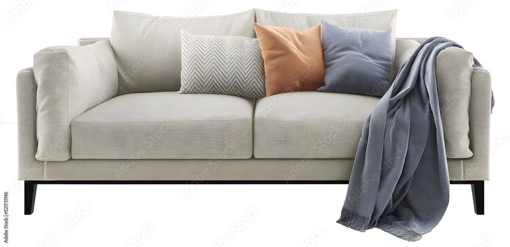 Light gray sofa, blanket, and pillow on transparent background. png. 3d  rendering Stock Illustration | Adobe Stock