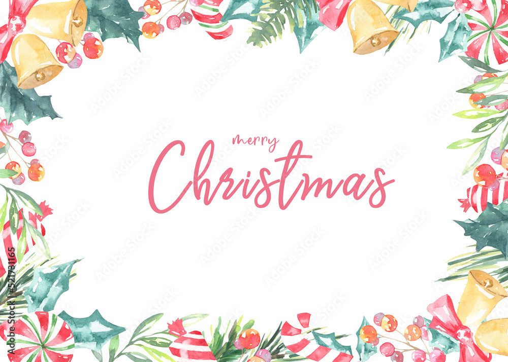 Watercolor Merry Christmas greenery floral frame with fir branches,holly berry and place for text.New year background, border,greenery, presents,holiday decoration,greeting card, invite,print,poster