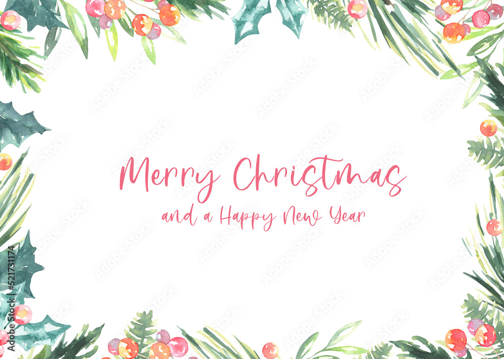 Watercolor Merry Christmas greenery floral frame with fir branches,holly berry and place for text.New year background, border,greenery, presents,holiday decoration,greeting card, invite,print,poster