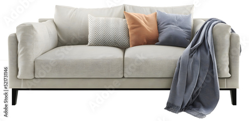 Light gray sofa, blanket, and pillow on transparent background. png. 3d rendering photo