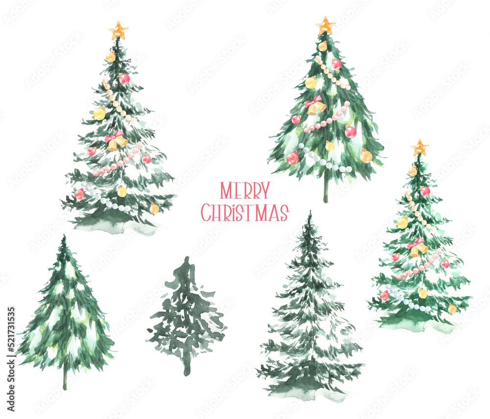 Watercolor winter forest elements set, Christmas Tree, Fir,pine, decor Merry Christmas, New Year, cute illustration. create greeting card invite, floral greenery frame, vintage poster,flyer,print, diy