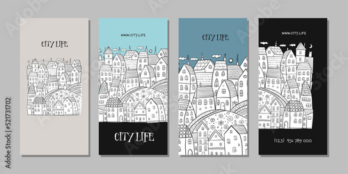 Vintage old city, cute houses. Concept art for your business. Creative ideas for cards, banner, web, promotional materials. Corporate identity template. Vector illustration