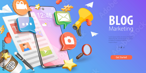 3D Vector Conceptual Illustration of Blog Marketing, Social Media Campaign