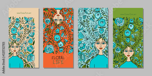 Floral female portrait, pretty woman with floral hairs, concept art for your business. Creative ideas for cards, banner, web, promotional materials. Corporate identity template. Vector illustration