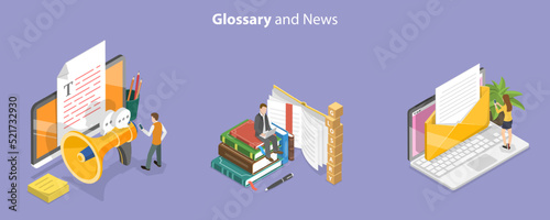 3D Isometric Flat Vector Conceptual Illustration of Glossary And News, Online Dictionary