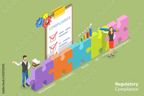 3D Isometric Flat Vector Conceptual Illustration of Regulatory Compliance, Relevant Laws and Policies