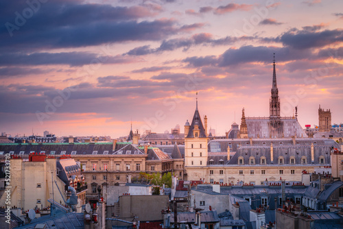 Saint Chapelle and quarter latin roofs at golden sunrise Paris  France